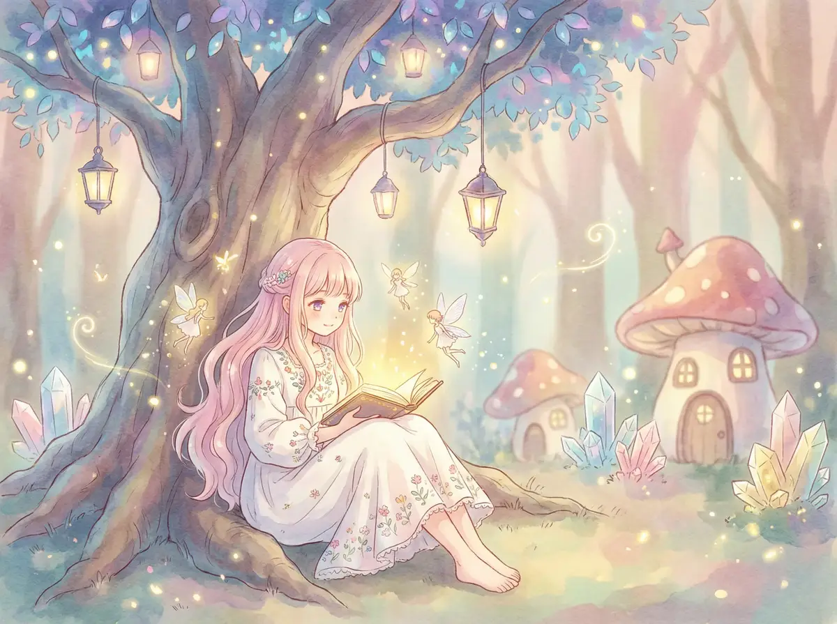 暗网在线 - 魔法森林中阅读故事书的粉发少女与精灵